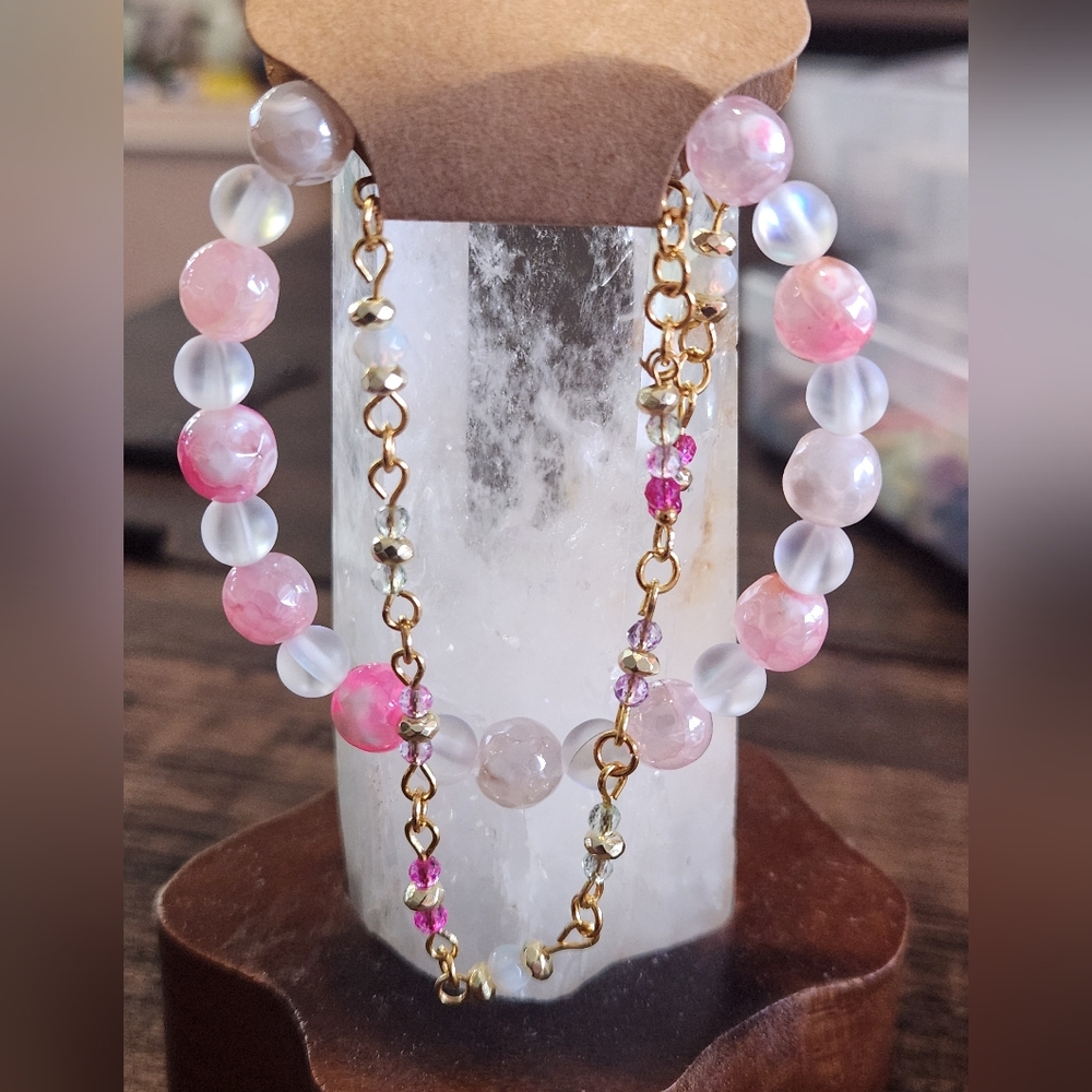 Handmade Pink and Gold Beaded Bracelet Set